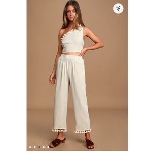 Linen One-Shoulder Tassel Crop Top and Pants